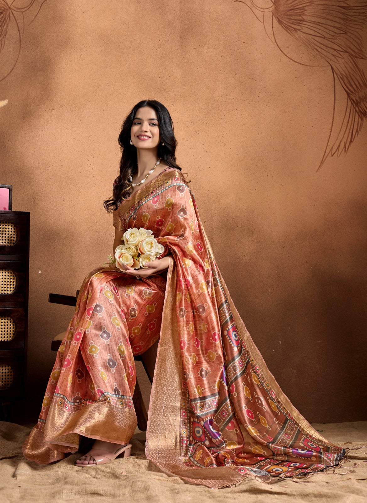 Copper-Rose Soft Silk Saree with Geometric Patola-Inspired Pallu & Zari Border