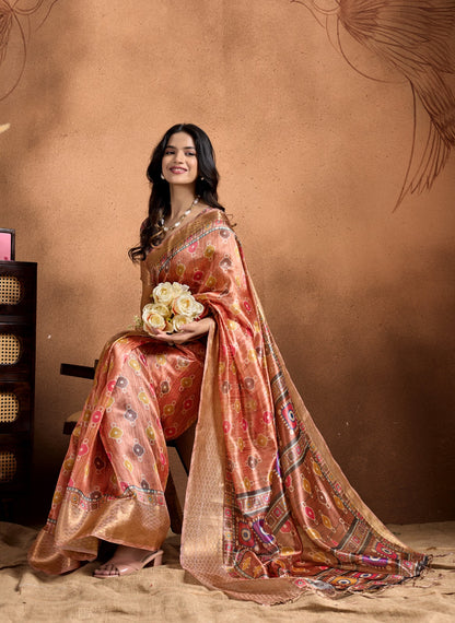 Copper-Rose Soft Silk Saree with Geometric Patola-Inspired Pallu & Zari Border