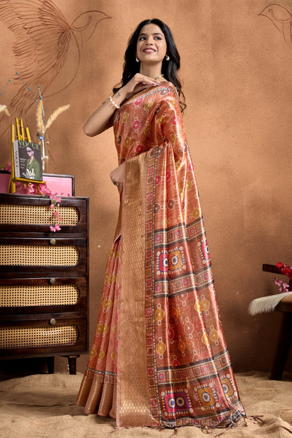 Copper-Rose Soft Silk Saree with Geometric Patola-Inspired Pallu & Zari Border