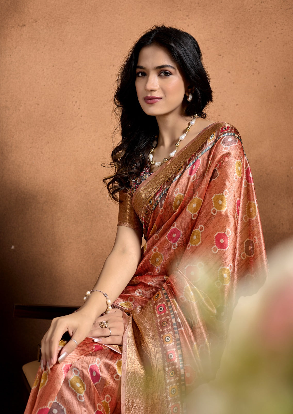 Copper-Rose Soft Silk Saree with Geometric Patola-Inspired Pallu & Zari Border