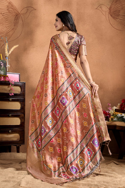 Copper-Rose Soft Silk Saree with Geometric Patola-Inspired Pallu & Zari Border