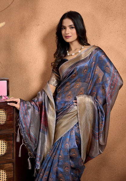 Peacock Motif Soft Silk Saree with Antique Zari Border