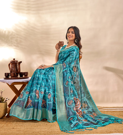 Teal Blue Soft Silk Saree with Floral Digital Pallu & Zari Border