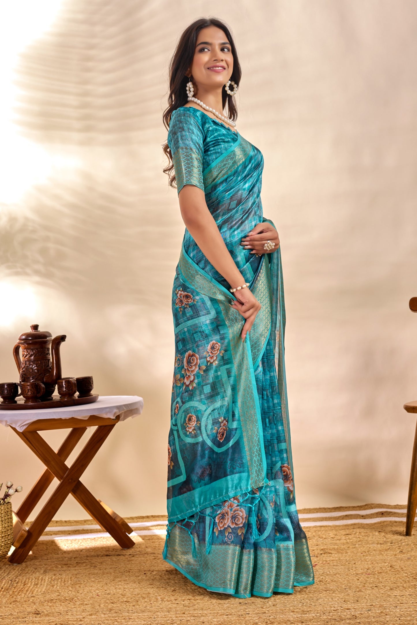 Teal Blue Soft Silk Saree with Floral Digital Pallu & Zari Border