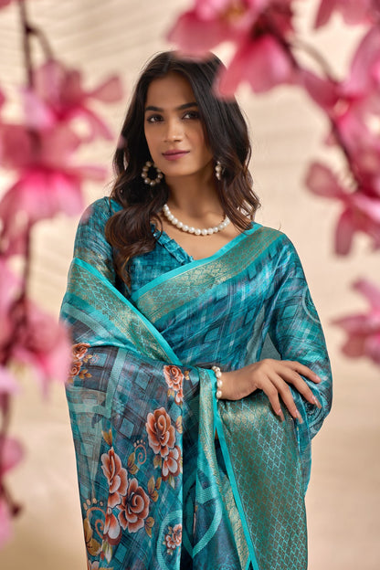 Teal Blue Soft Silk Saree with Floral Digital Pallu & Zari Border