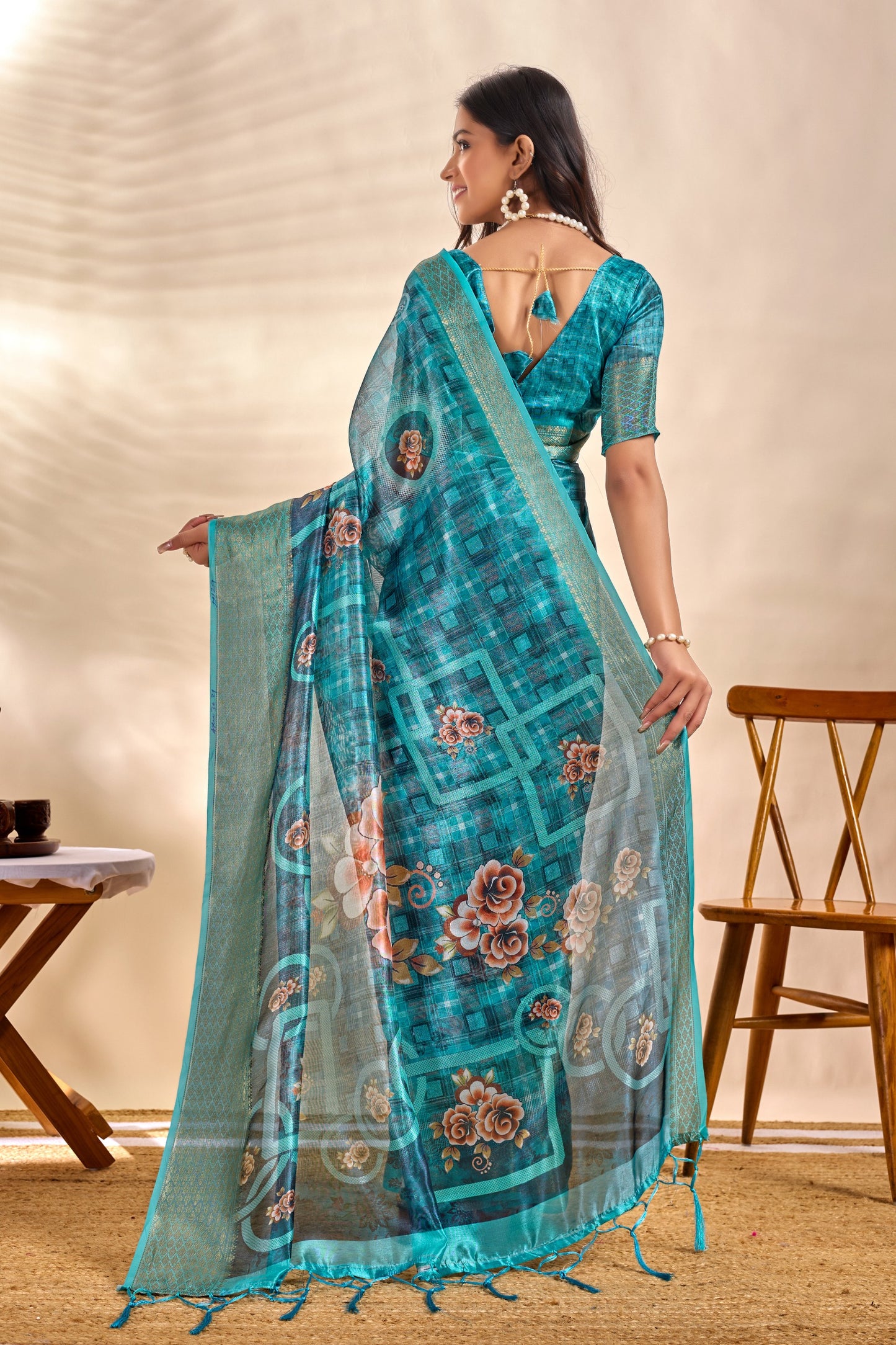 Teal Blue Soft Silk Saree with Floral Digital Pallu & Zari Border