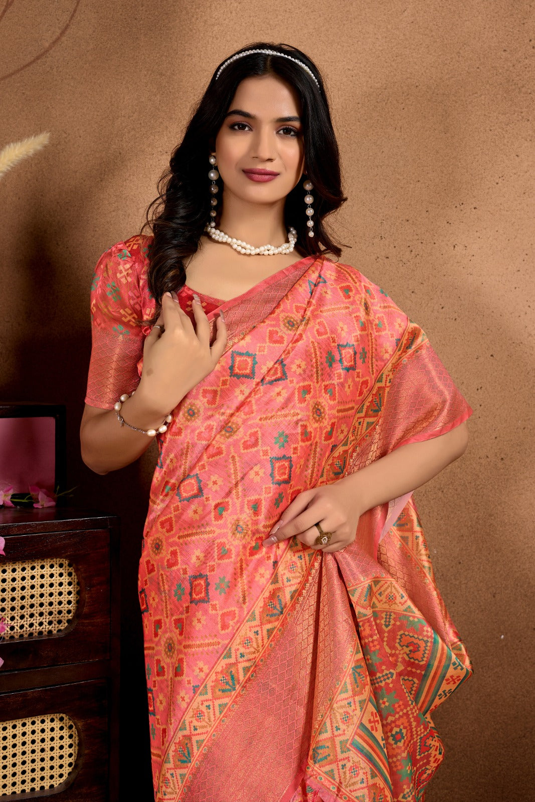Peach Soft Silk Blend Saree with Traditional Patola-Style Design
