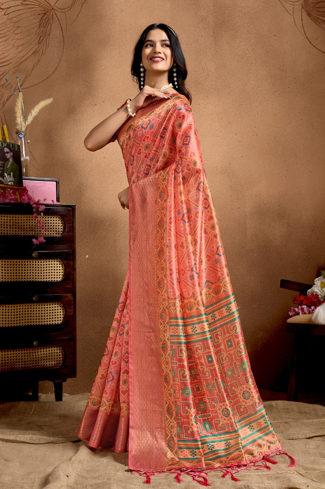 Peach Soft Silk Blend Saree with Traditional Patola-Style Design