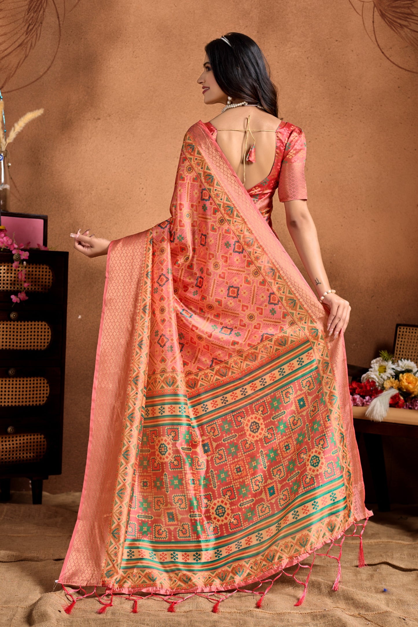 Peach Soft Silk Blend Saree with Traditional Patola-Style Design
