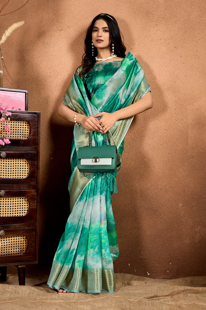 Elegant Green Soft Silk Blend Watercolor Print Saree