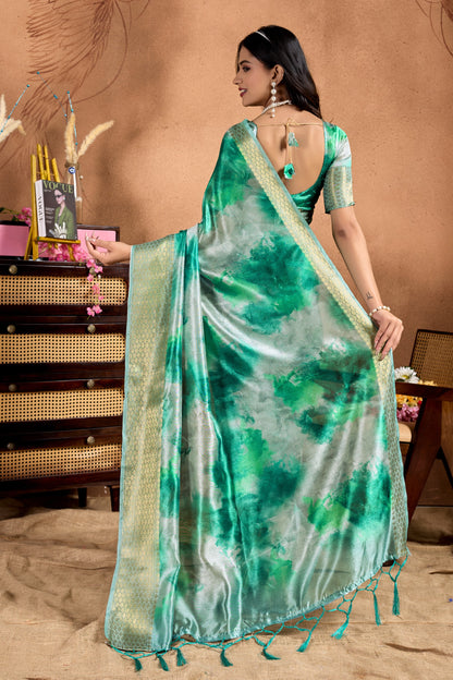 Elegant Green Soft Silk Blend Watercolor Print Saree