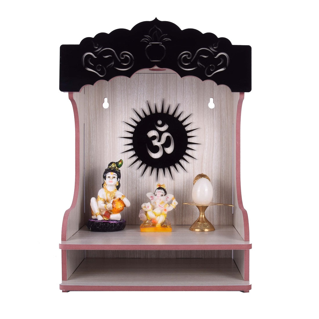 Wooden Wall-Mounted Pooja Mandir with Svastik Symbol – Spacious & Elegant Home Temple for Idols & Pooja Essentials