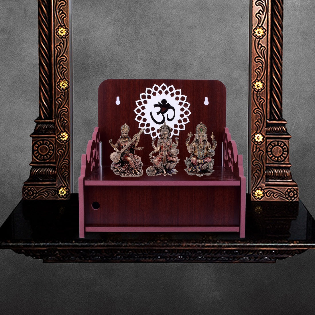 Elegant Wooden Mandir for Home Wall Mounted Temple with Door Storage & Puja Set