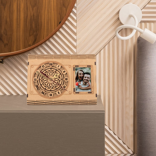 Wooden Desk Organizer with Clock, Photo Frame & Drawers – Elegant Office Tabletop Accessory