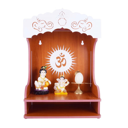 Wooden Wall-Mounted Pooja Mandir with Svastik Symbol – Spacious & Elegant Home Temple for Idols & Pooja Essentials