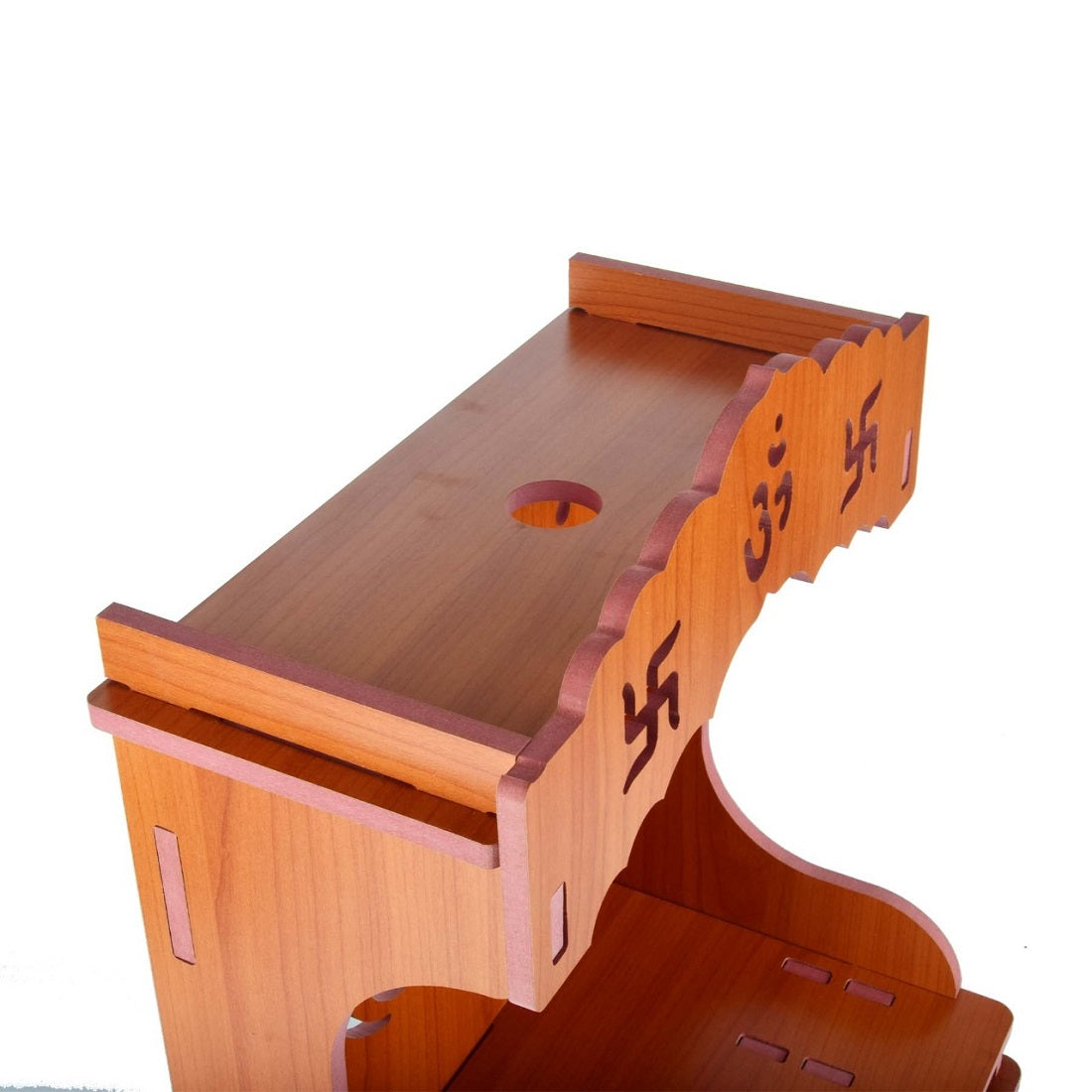Wooden Wall-Mounted Pooja Mandir with Svastik Symbol – Spacious & Elegant Home Temple for Idols & Pooja Essentials