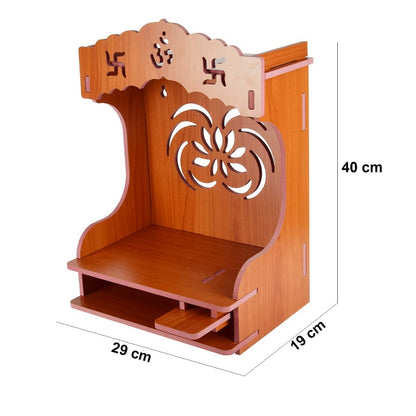 Wooden Wall-Mounted Pooja Mandir with Svastik Symbol – Spacious & Elegant Home Temple for Idols & Pooja Essentials
