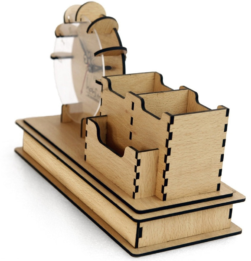 Wooden Desk Clock with Pen Holder