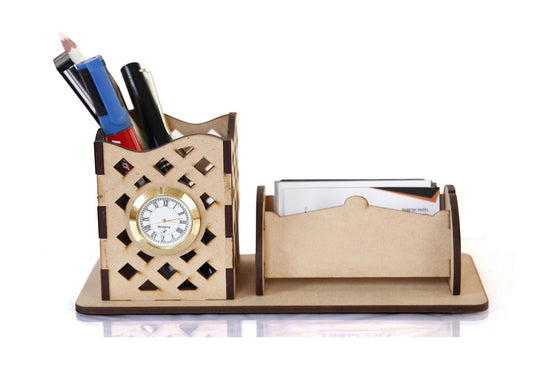 Wooden Rhombus Cut Pen Stand with Card Holder