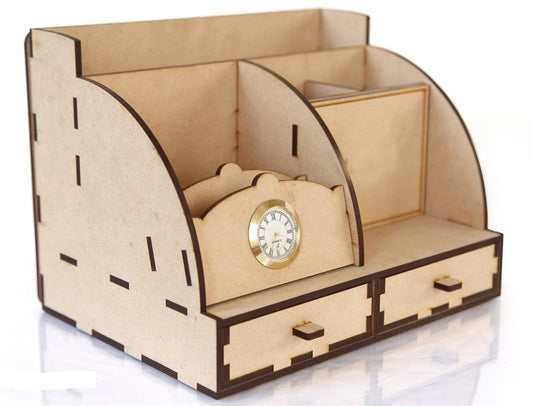 Wooden Desk Organizer with Small Clock – Multi-Functional Tabletop Accessory
