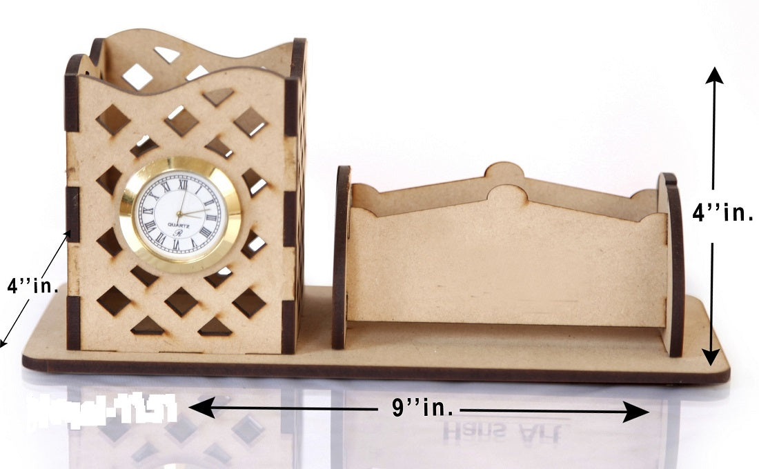 Wooden Rhombus Cut Pen Stand with Card Holder