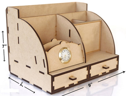 Wooden Desk Organizer with Small Clock – Multi-Functional Tabletop Accessory