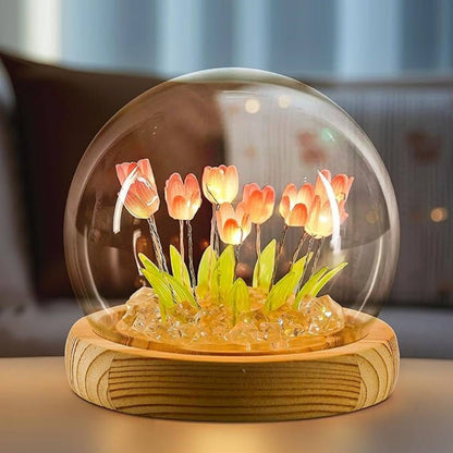Elegant Wooden Base Tulip LED Flower Lamp