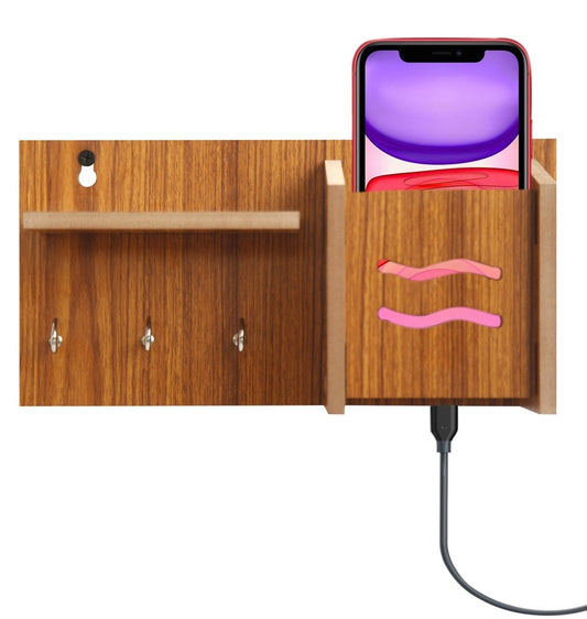 Wooden Mobile Holder with Key Holder – Functional & Space-Saving Design
