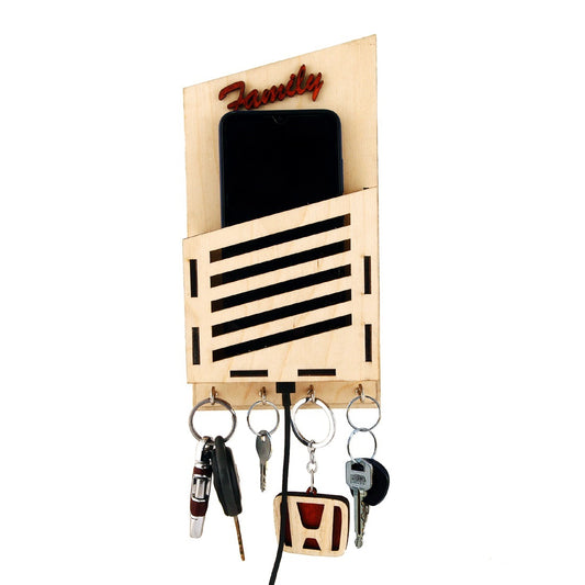 Wooden Mobile Holder with Key Holder – Functional & Space-Saving Design