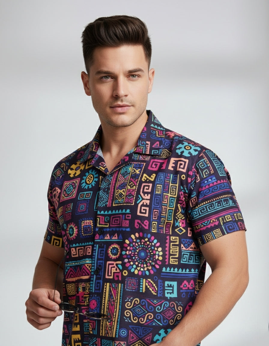 Men’s Fancy Printed Cuban Collar Rayon Shirt – Trendy Casual Wear