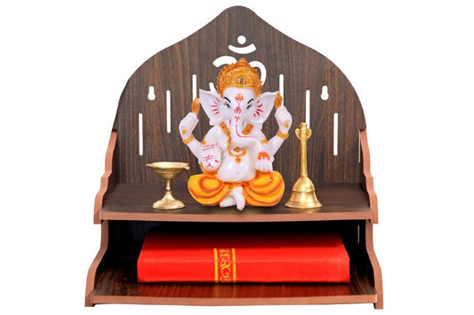 Elegant Wooden Mandir for Home Wall Mounted Temple with Storage & Puja Set