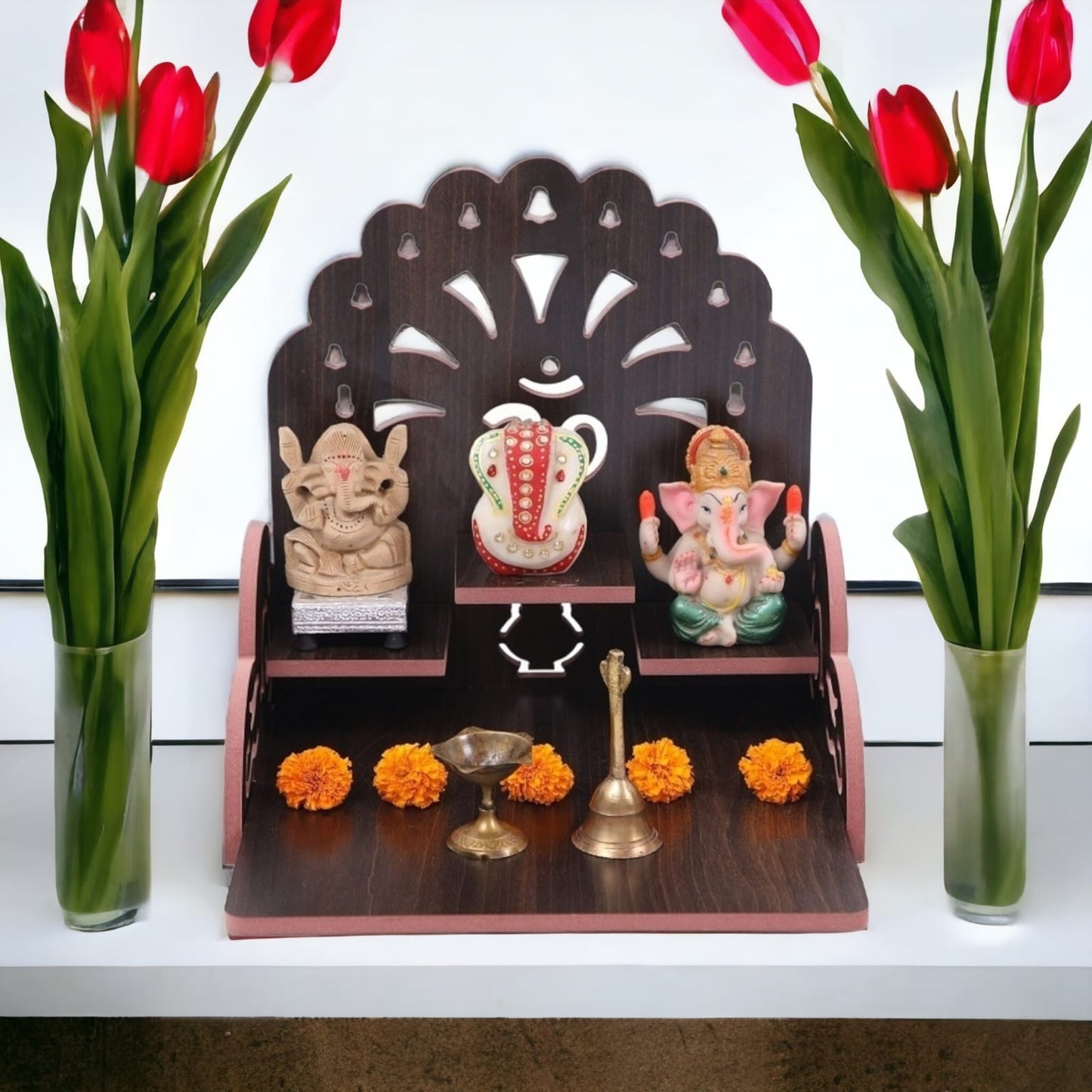 Elegant Wooden Mandir for Home – Wall Mounted Temple with Storage & Puja Set