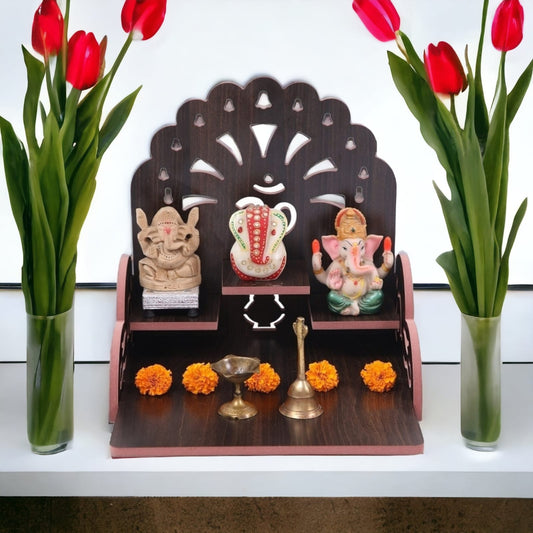 Elegant Wooden Mandir for Home – Wall Mounted Temple with Storage & Puja Set