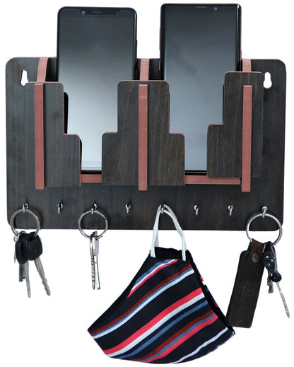 Dual Wooden Wall Mounted Key Holder with 8 Hooks & Mobile Stand