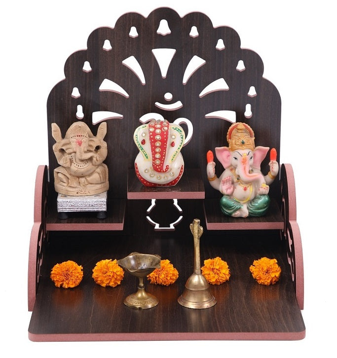 Elegant Wooden Mandir for Home – Wall Mounted Temple with Storage & Puja Set