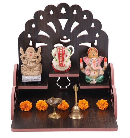 Elegant Wooden Mandir for Home – Wall Mounted Temple with Storage & Puja Set