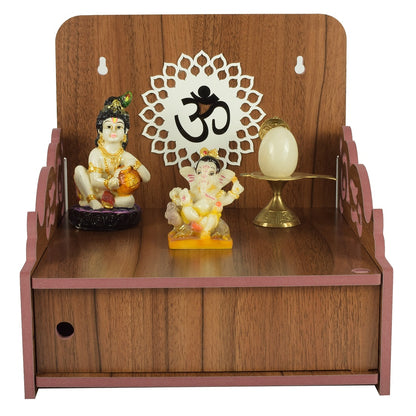 Elegant Wooden Mandir for Home Wall Mounted Temple with Door Storage & Puja Set